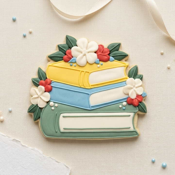 Floral Book Stack Cookie Cutter, 3D Printed School Design