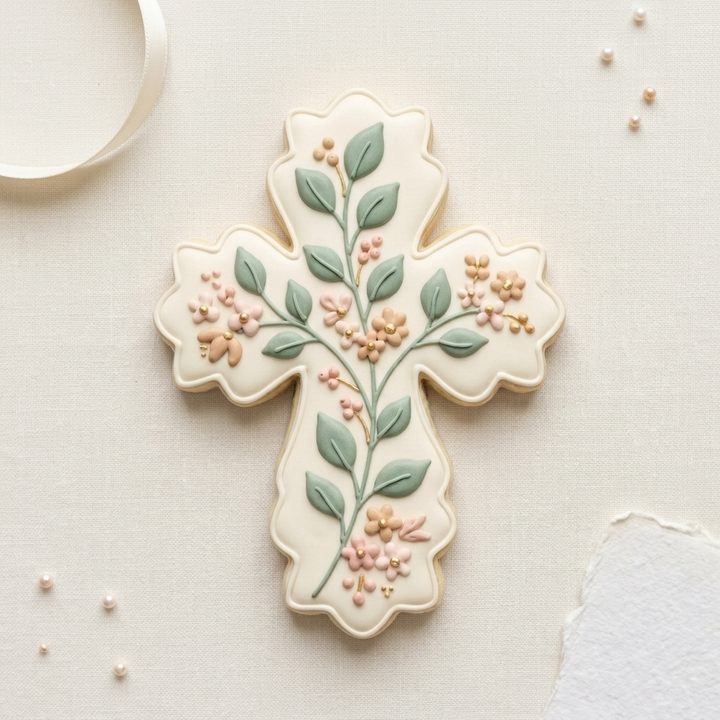 Cross with Eucalyptus Branch Felix Cookie Cutter, 3D Printed Wedding Design