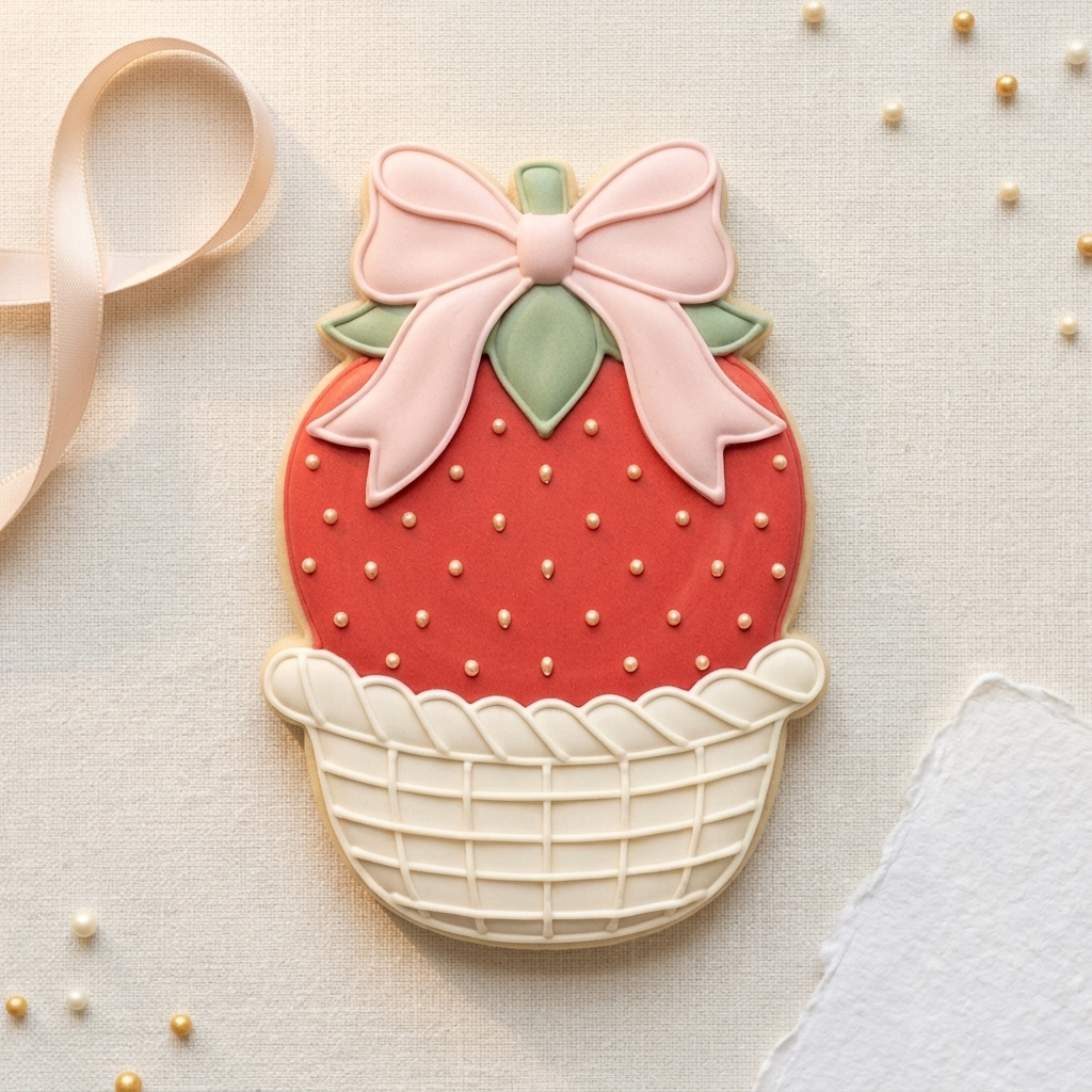 Coquette Strawberry Ribbon Basket Cookie Cutter, 3D Printed Food Design