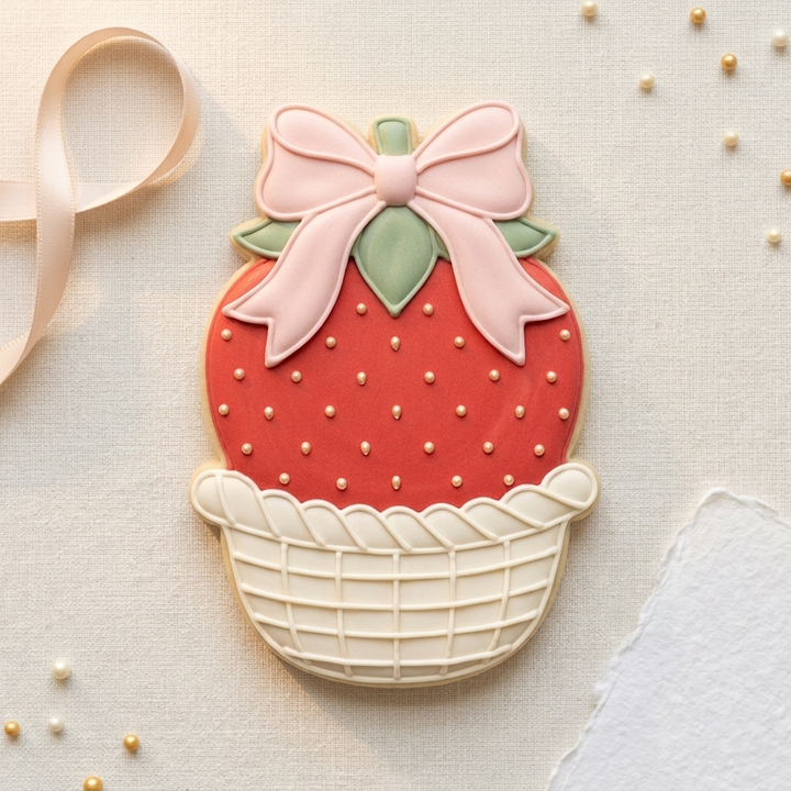 Coquette Strawberry Ribbon Basket Cookie Cutter, 3D Printed Food Design