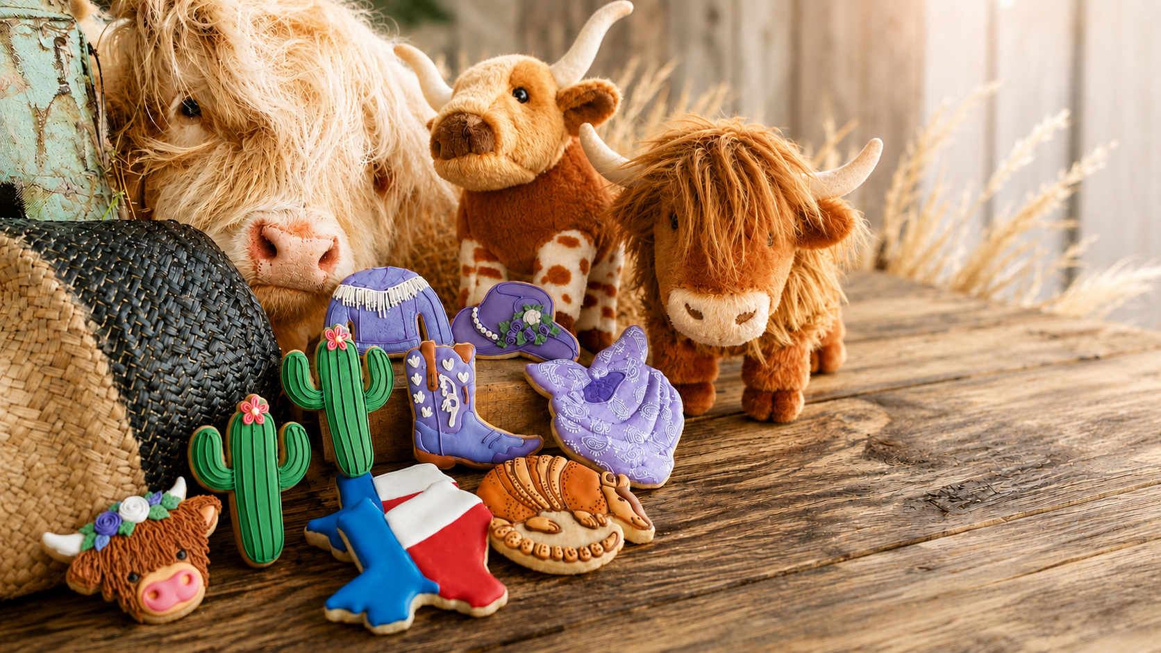 Western cowboy-themed decorated cookies made with 3D-printed cookie cutters