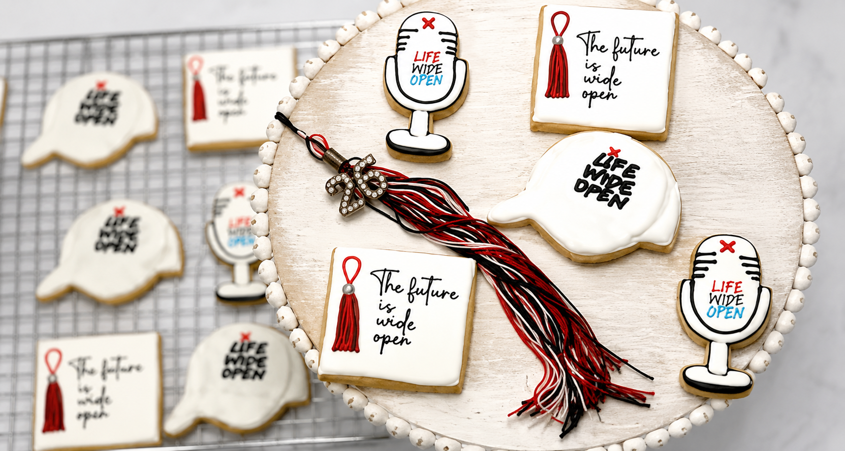 Graduation-themed decorated cookies made with 3D-printed cookie cutters