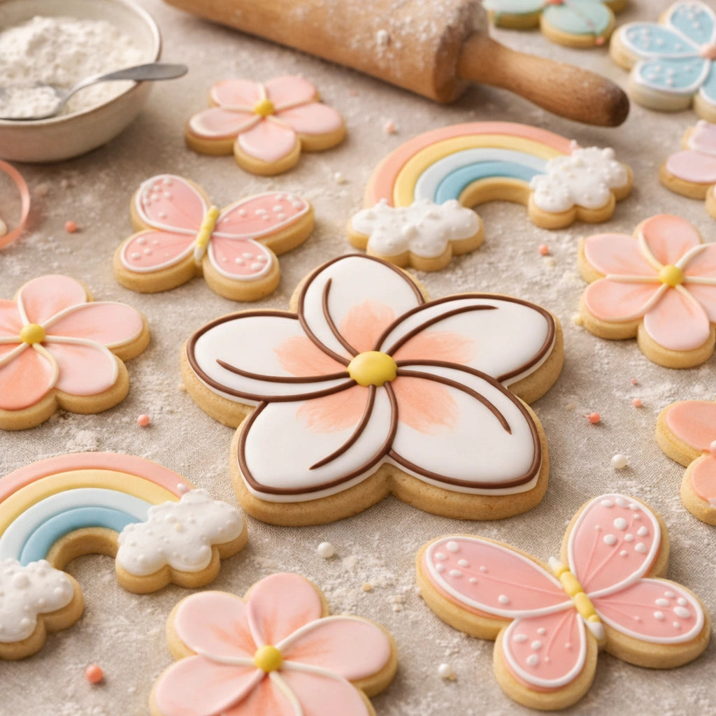 pastel spring decorated sugar cookies with flowers butterflies and rainbows on baking table