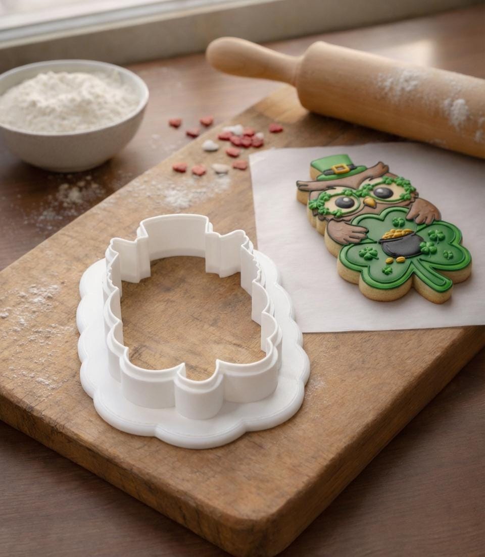 St Patricks Day Owl Cookie Cutter with Shamrock Glasses, Lucky Clover Baking Tool