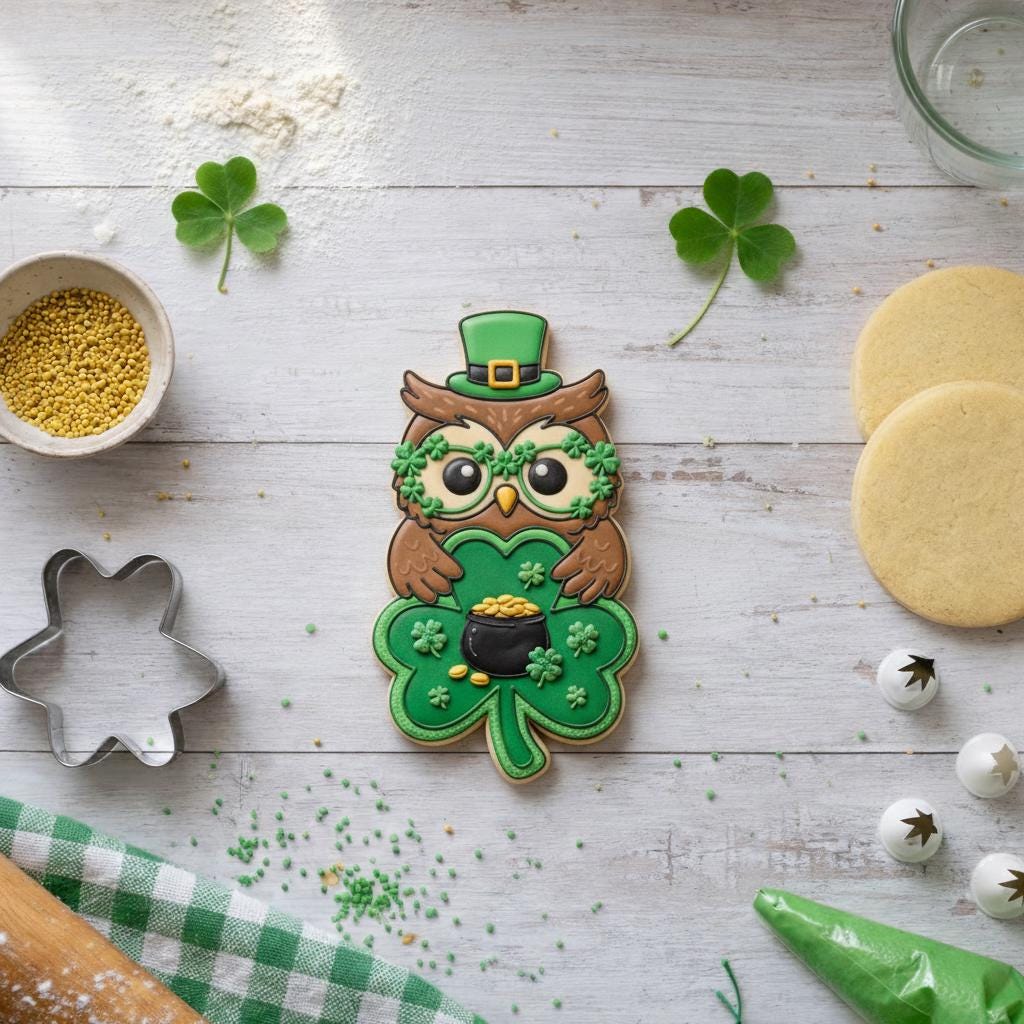 St Patricks Day Owl Cookie Cutter with Shamrock Glasses, Lucky Clover Baking Tool