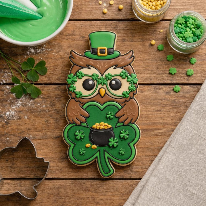 St Patricks Day Owl Cookie Cutter with Shamrock Glasses, Lucky Clover Baking Tool
