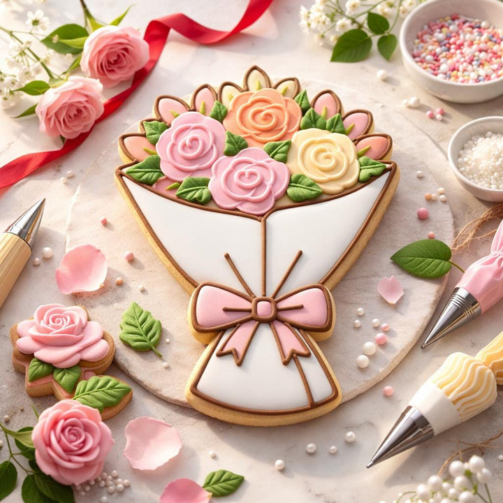 3D Printed Flower Bouquet Cookie Cutter, Wrapped Floral Fondant Cutter