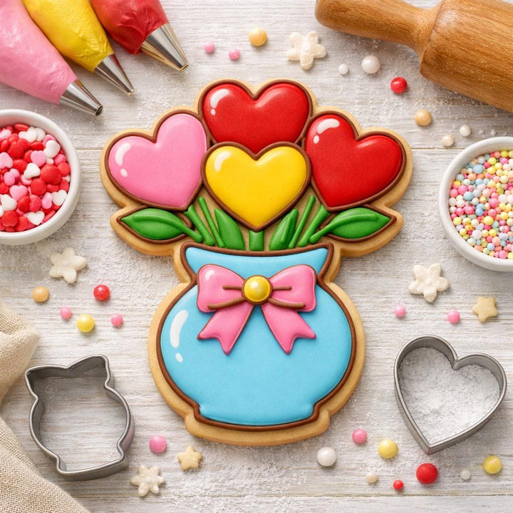 Heart Bouquet Cookie Cutter, Flower Vase, 3D Printed