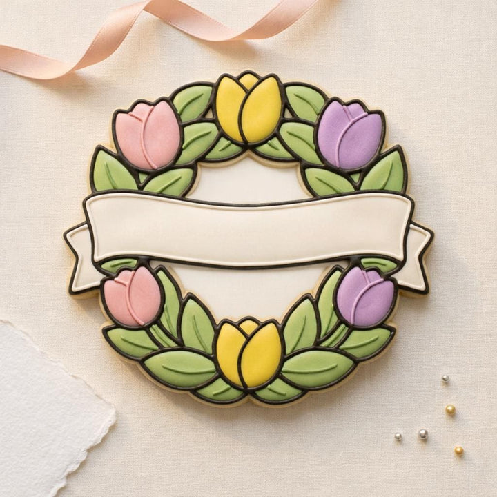 Tulip Wreath Plaque Cookie Cutter with Banner