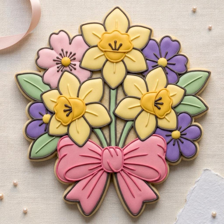 Flower Bouquet Cookie Cutter with Bow, Spring Daffodil Design