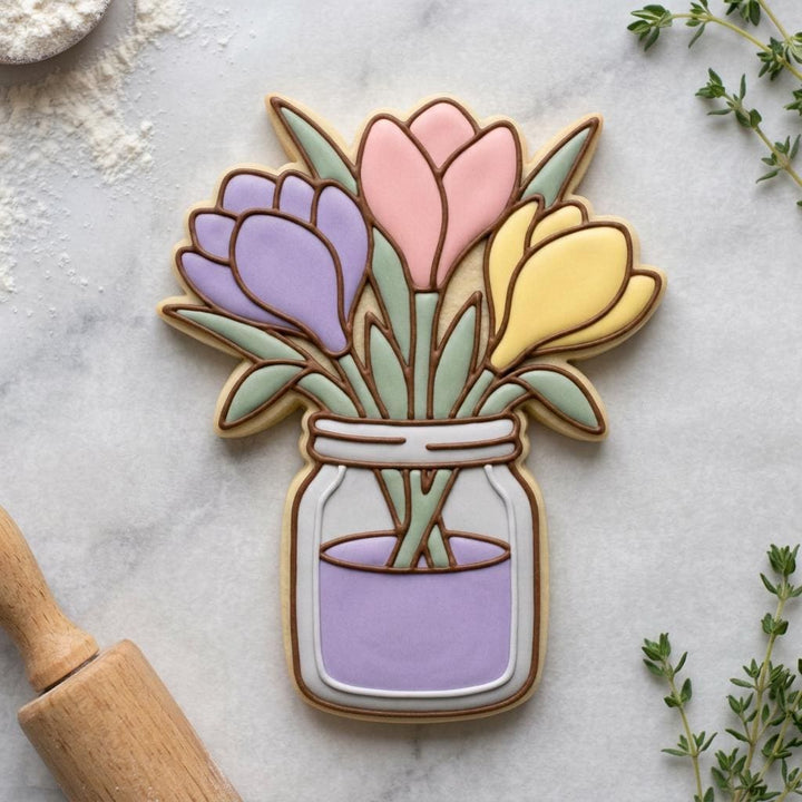 Mason Jar with Flowers Cookie Cutter, Crocus Bouquet, 3D Printed