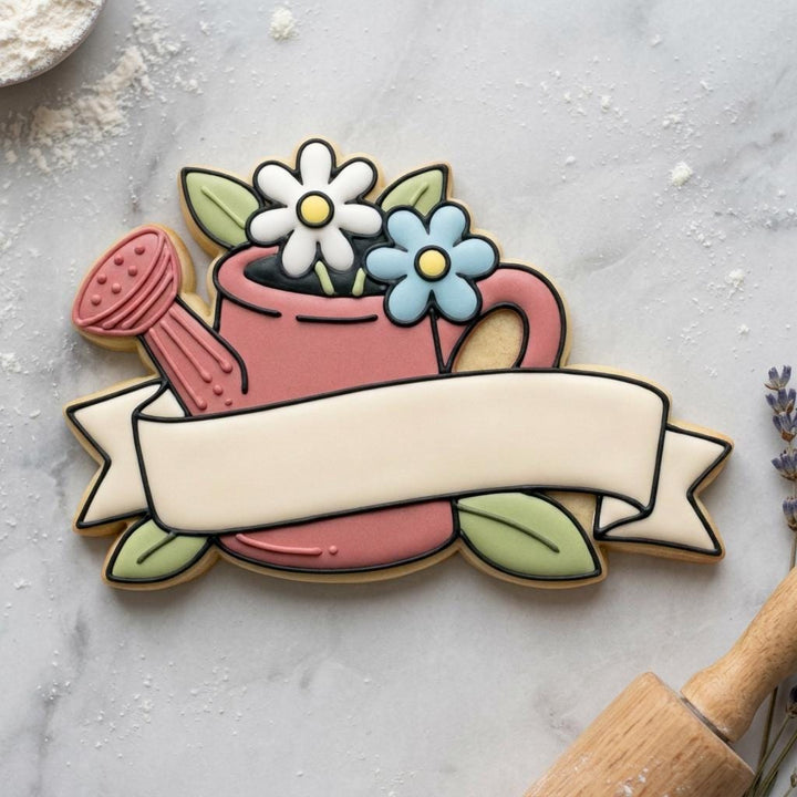 Floral Watering Can Cookie Cutter with Banner Plaque, 3D Printed