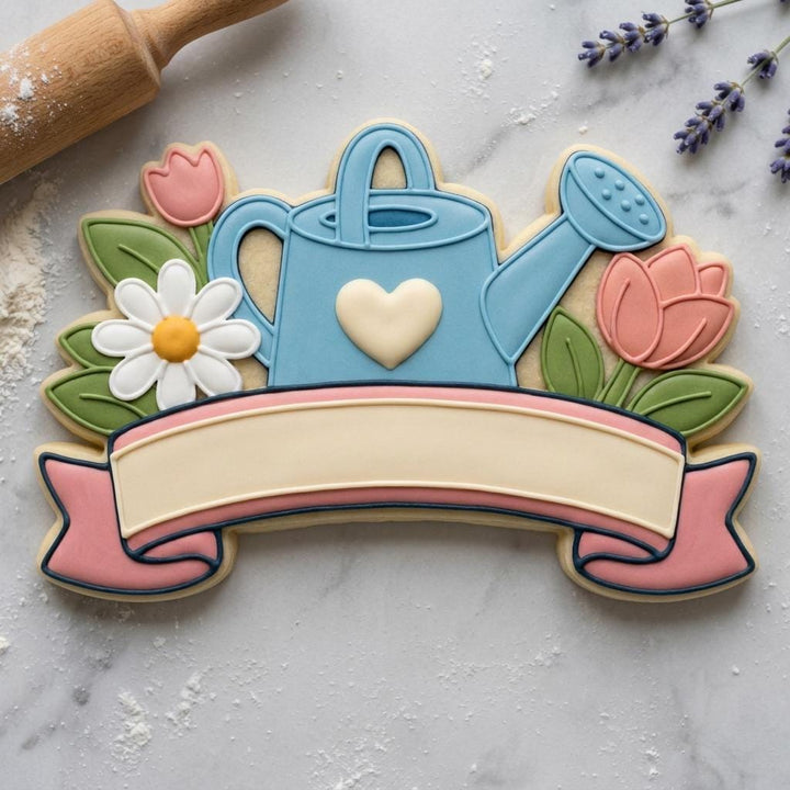 Watering Can Cookie Cutter with Plaque, Floral Garden Design