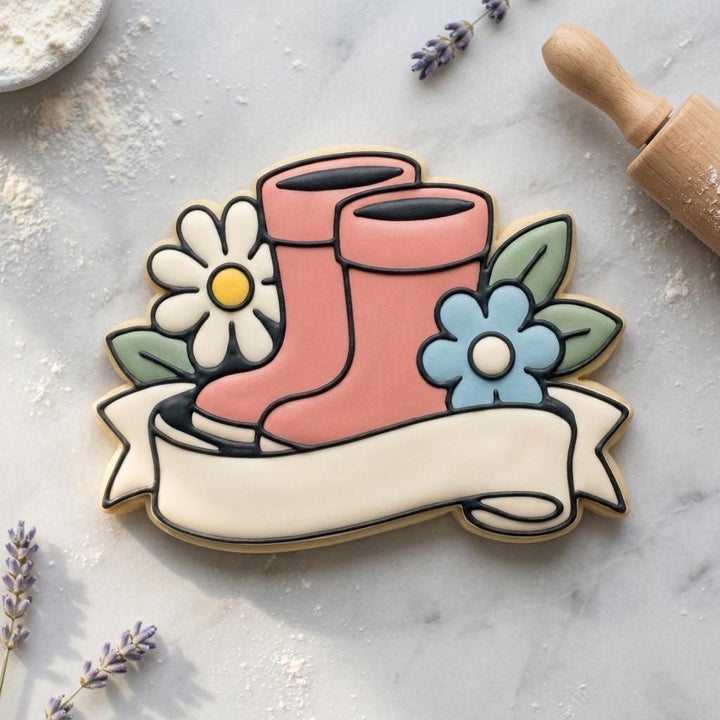 Garden Boot Cookie Cutter with Floral Banner Plaque, 3D Printed