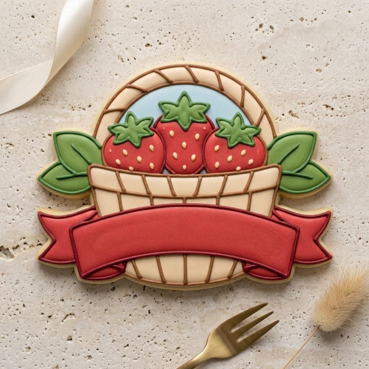 Strawberry Basket Cookie Cutter with Ribbon Banner, 3D Printed
