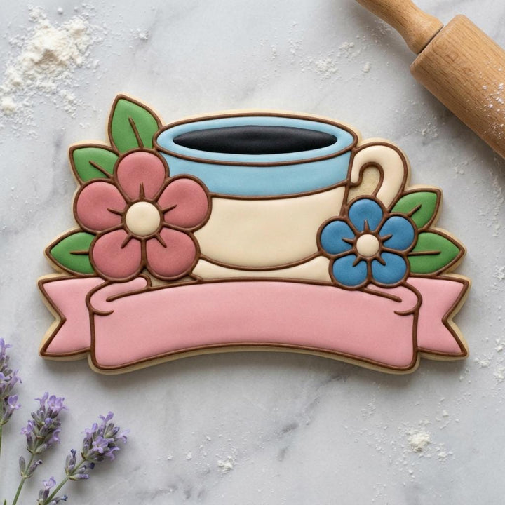Floral Teacup Cookie Cutter with Ribbon Banner