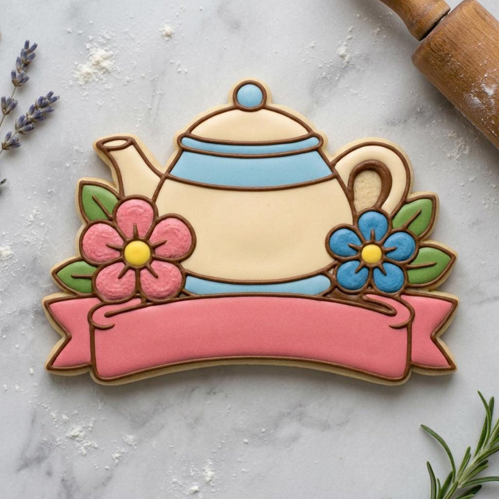 Floral Teapot Cookie Cutter, Ribbon Plaque for Tea Party Cookies
